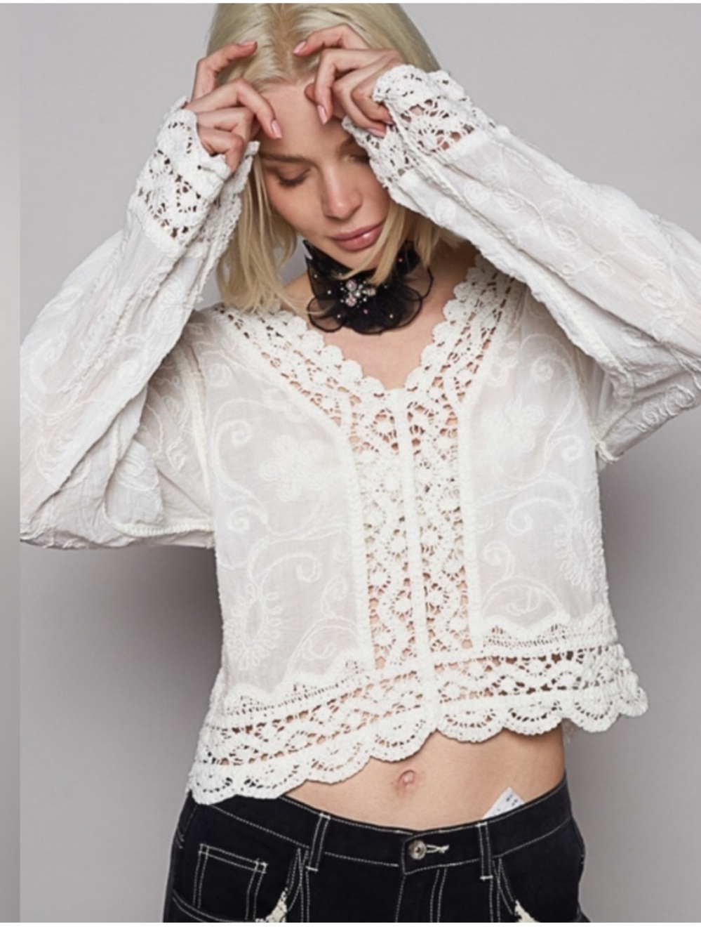POL White Crochet Lace V-Neck Top- One size